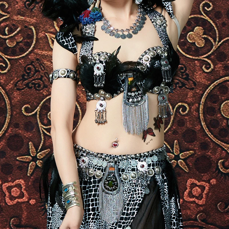 

New Womens Tribal Belly Dance Costume Bollywood Performance Dress Indian Suite Pure Handmade ATS 2pcs/set Bra Belt