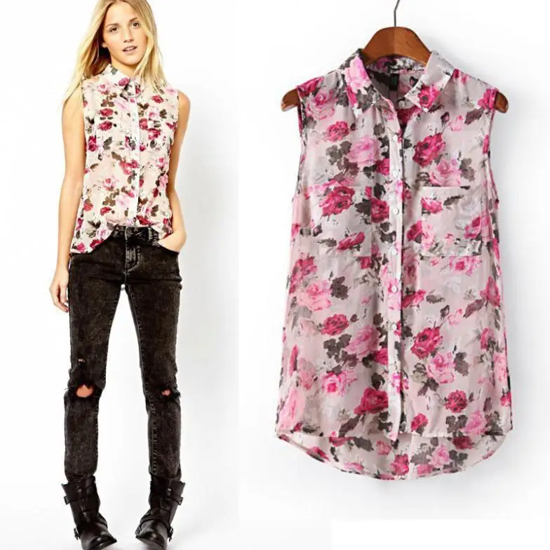 rose print chiffon sleeveless blouse shirt 2014 Europe summer styles ST0022 |