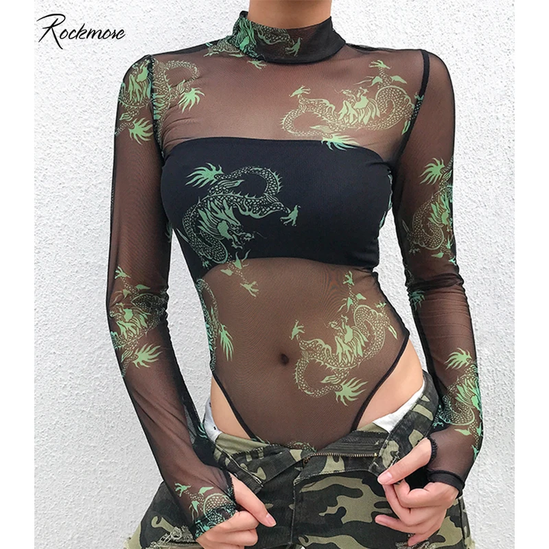 

Rockmore Bodycon Dragon Printed Fishnet Bodysuit Women Mesh Hollow Out Long Sleeve Ladies Bodysuits Rompers Jumpsuits Streetwear