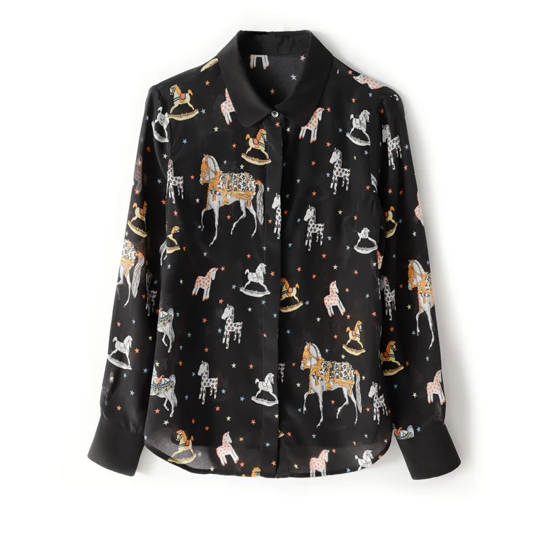 100% Pure Silk Women's Runway Shirts Turn Down Collar Animals Cartoons Printed Fashion |