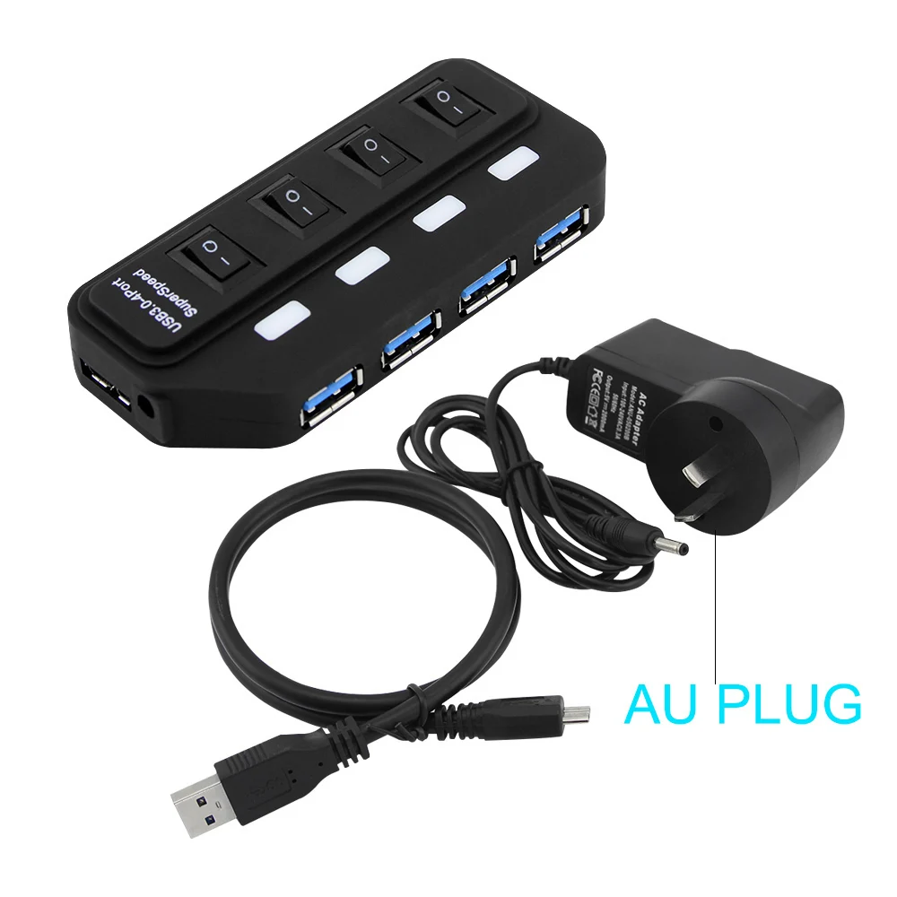 Firstmemory USB3.0 концентратор USB-A до 4/7 Порты и разъёмы USB3.0 на соответствие стандарту ЕС/США/AU/UK DC 5 V/2A Мощность адаптер светодиодный включения/выключения разветвитель для портативных ПК
