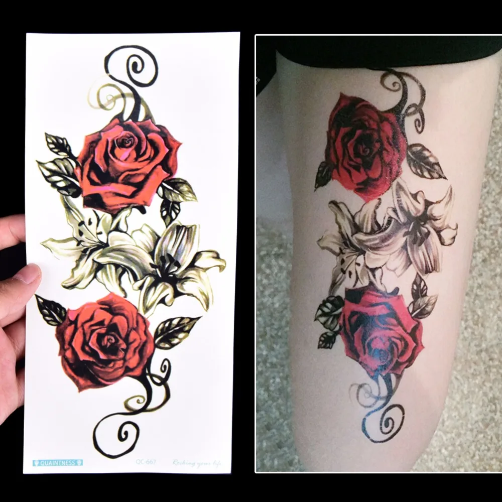 

Retro Flower Tattoos Sticker Body Art Big Red Rose Flowers Circle Design Temporary Fake Flash Tattoo Sticker 10*20cm