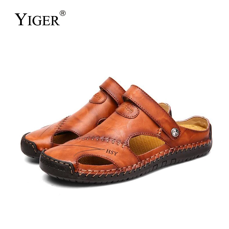 YIGER/Новые мужские сандалии шлепанцы Летние повседневные из натуральной кожи