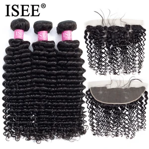 ISEE пряди человеческих волос с фронтальной 13*4 предварительно выщипанные кружевные фронтальные Remy перуанские глубокие волнистые пряди с фронтальной