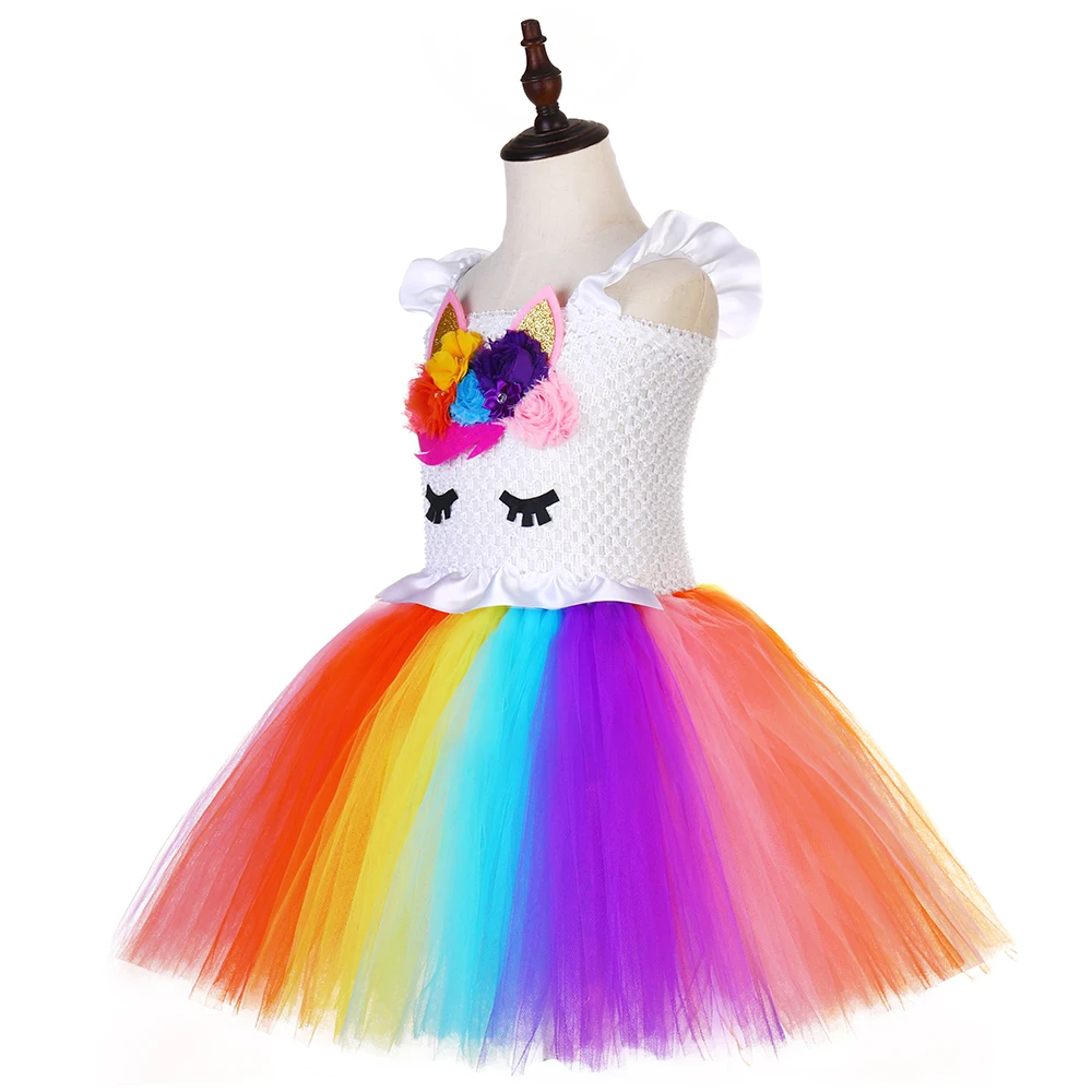 Girl Flower Unicorn Kid's Tutu Dress Rainbow Baby Kids Short Birthday Party Dresses Halloween Purim Carnival | Детская одежда и
