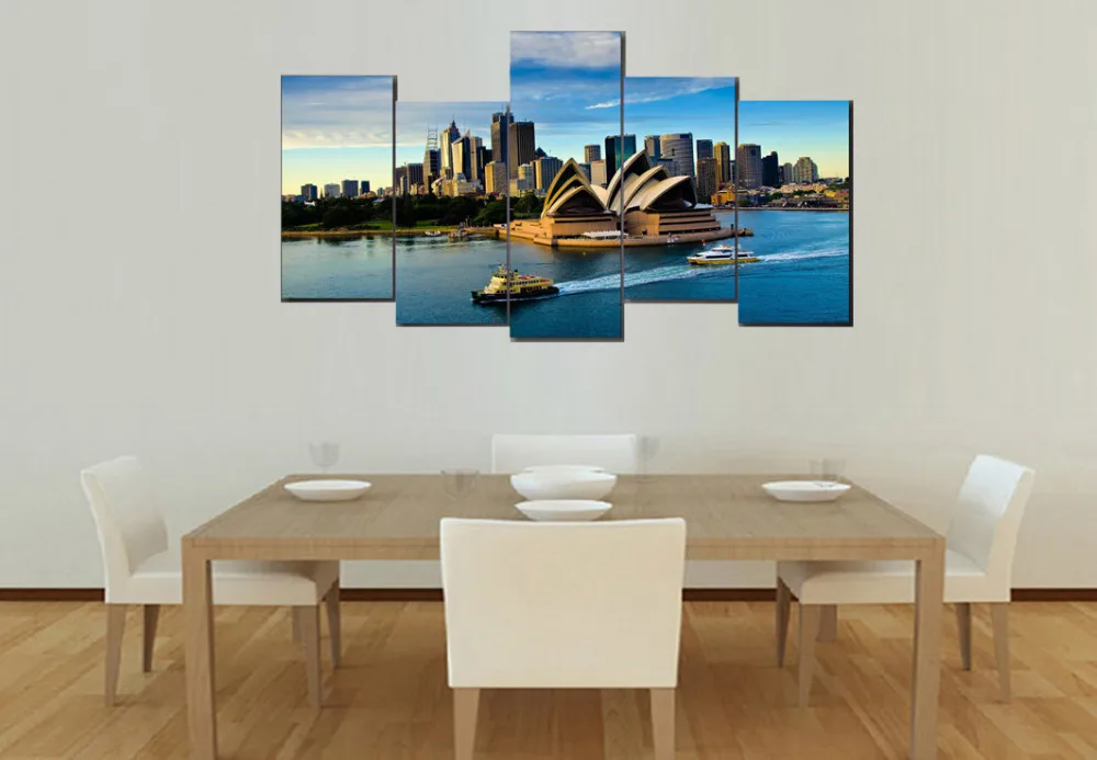 5 Панели Печать холст Сиднейский оперный театр лошадей живопись для Гостиная