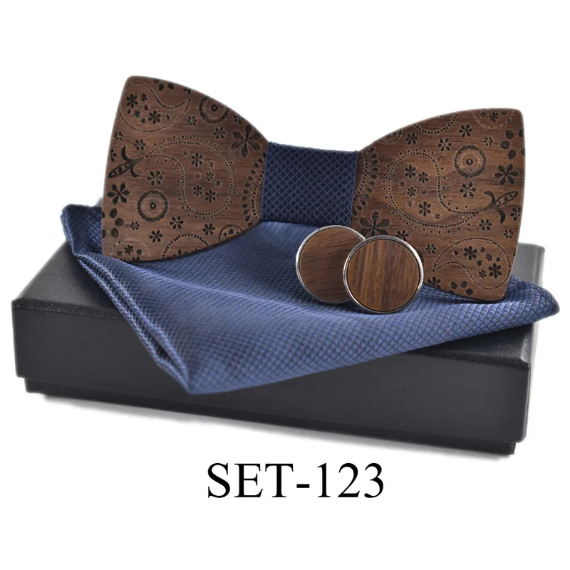 SET-123 Новинка, деревянный галстук, запонки, косынка, модный деревянный галстук-бабочка, Свадебный, с принтом, ручная работа, корбата, деревянные Галстуки, набор Gravata - Цвет: SET-123