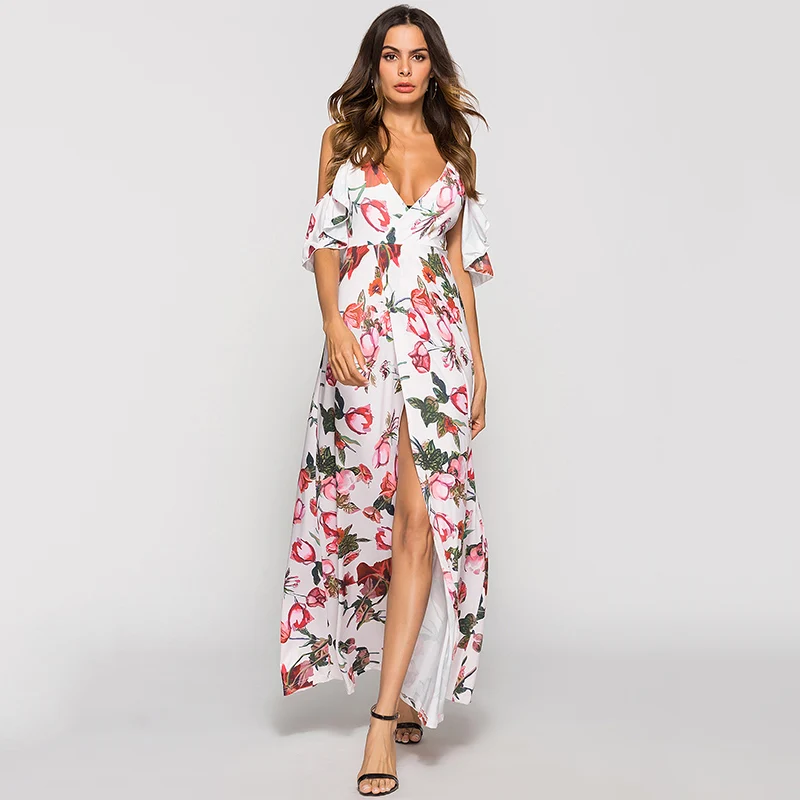 ESCALIER Women Summer Dress Elegant Dresses Long Spaghetti Strap V-neck High Waist Printed Maxi Vestidos Verano | Женская одежда
