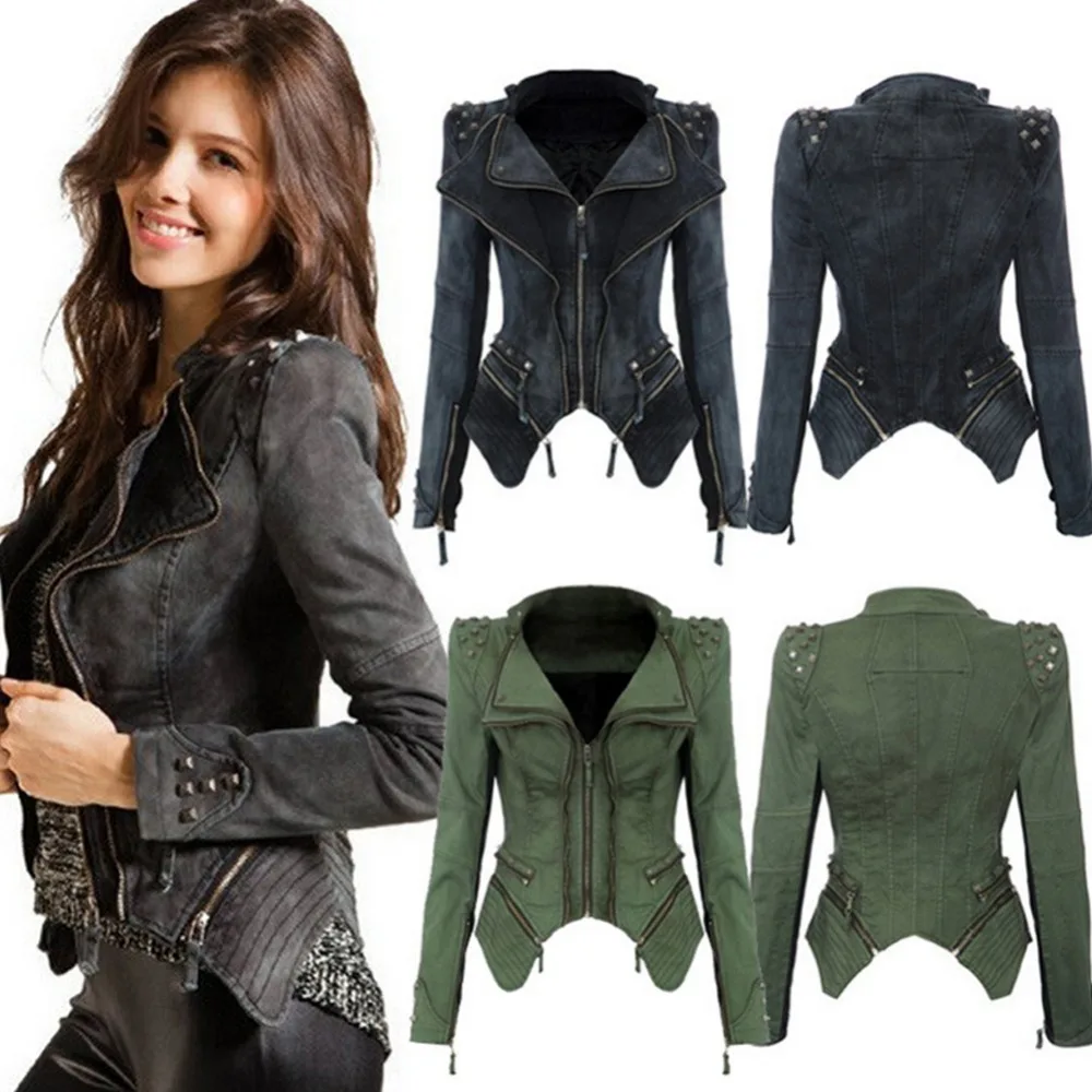 В стиле панк Женская мода заклепки Демин куртка пилот Тонкий баски с отложным