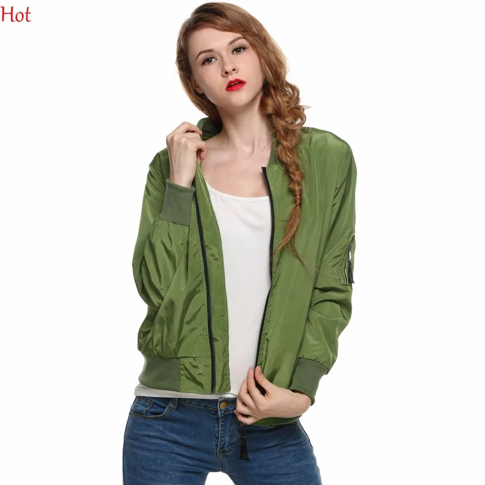 Women Bomber Jacket 2017 Autumn Ladies Jackets Tops Solid Color Zipper Baseball Slim Casual Black Green SV028216 | Женская одежда