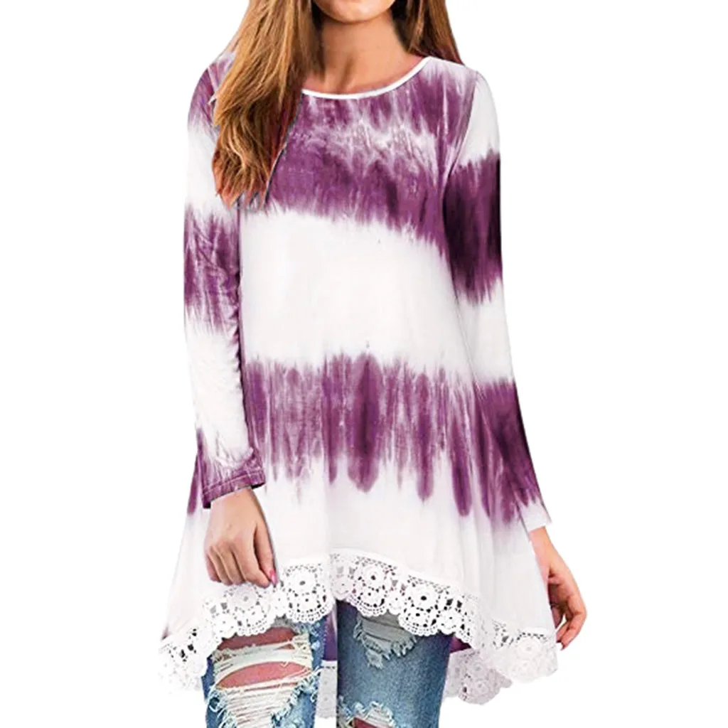 Фиолетовый Tie dye рубашка женская с кружевным подолом свободная туника с длинным рукавом Топы Женская футболка Повседневная Женская футболка с длинным рукавом Camiseta Feminina Новинка - Цвет: Фиолетовый
