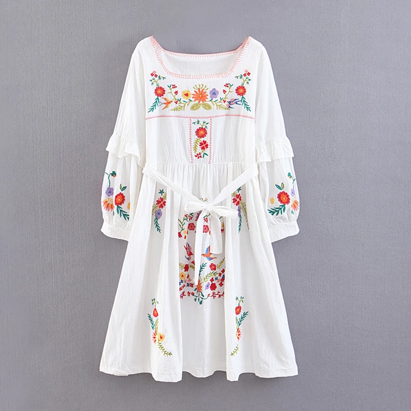 TEELYNN long dress vintage floral Embroidery cotton lantern sleeve boho dresses Square collar women vestido | Женская одежда