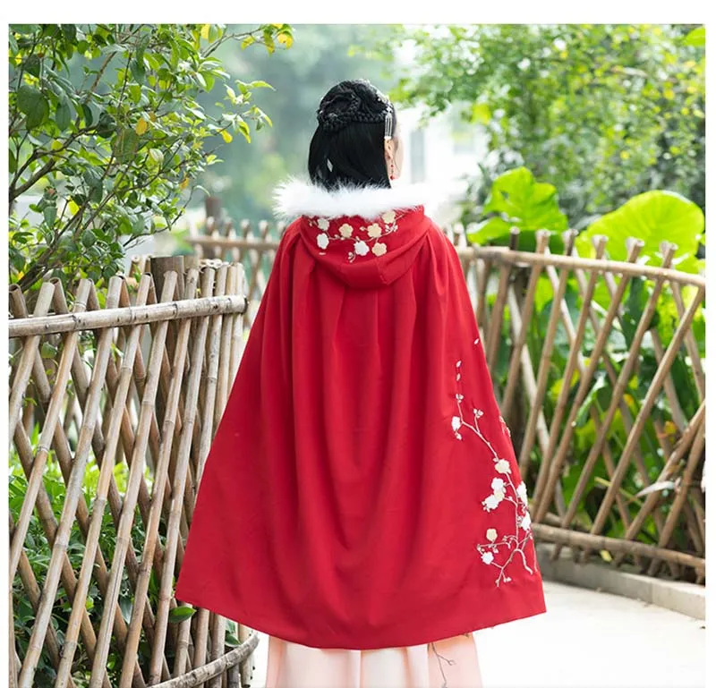 Женский старинный китайский меховой воротник Hanfu красная бархатная накидка