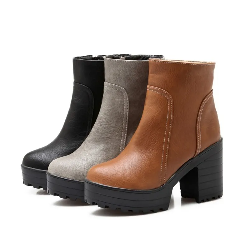 Women Boots Autumn Winter Warm 2019 New Sexy Fashion Zip Pu Platform Ankle Motorcycle Black Brown Grey High-heeled Shoes | Обувь