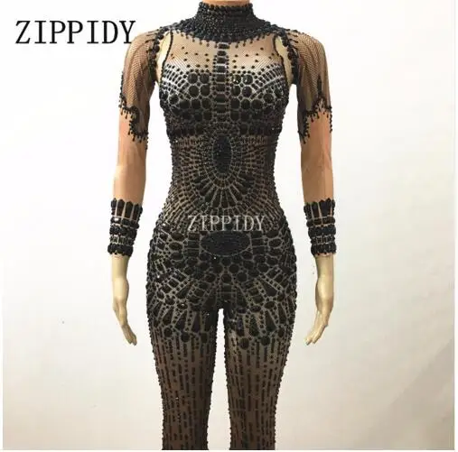 Fashion Black Rhinestones Stage Performance Outfit Party Celebrate Glisten Crystals Costume Stretch Bodysuit