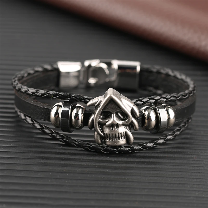 Cool Skull Punk Leather Ropes Men Bracelet Fashion Young Boys Bangle Accessory |