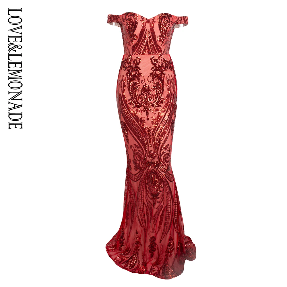 Love& Lemonade с плеча геометрические блестки длинное платье в обтяжку LM81343WINERED