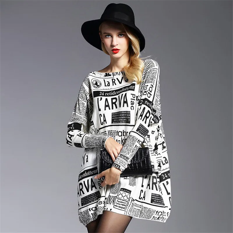 women's clothing ladies o-neck casual knitted sweaters women batwing sleeve newspaper printing big yards pullover sweater | Женская
