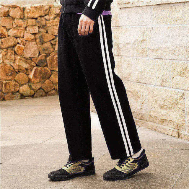Mark Fairwhale 2019 new arrival men straight pants mid waist drawstring loose side stripe printed knitted trousers 718123011008 |