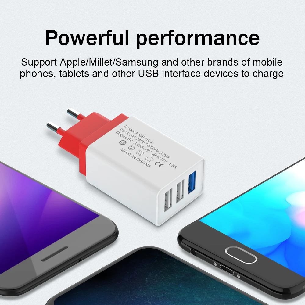 Универсальное зарядное устройство с 3 портами USB 2 А для iPhone Android дорожное
