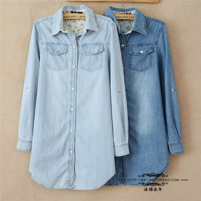 Для женщин блузка Демисезонный с длинным рукавом Повседневная джинсовая рубашка