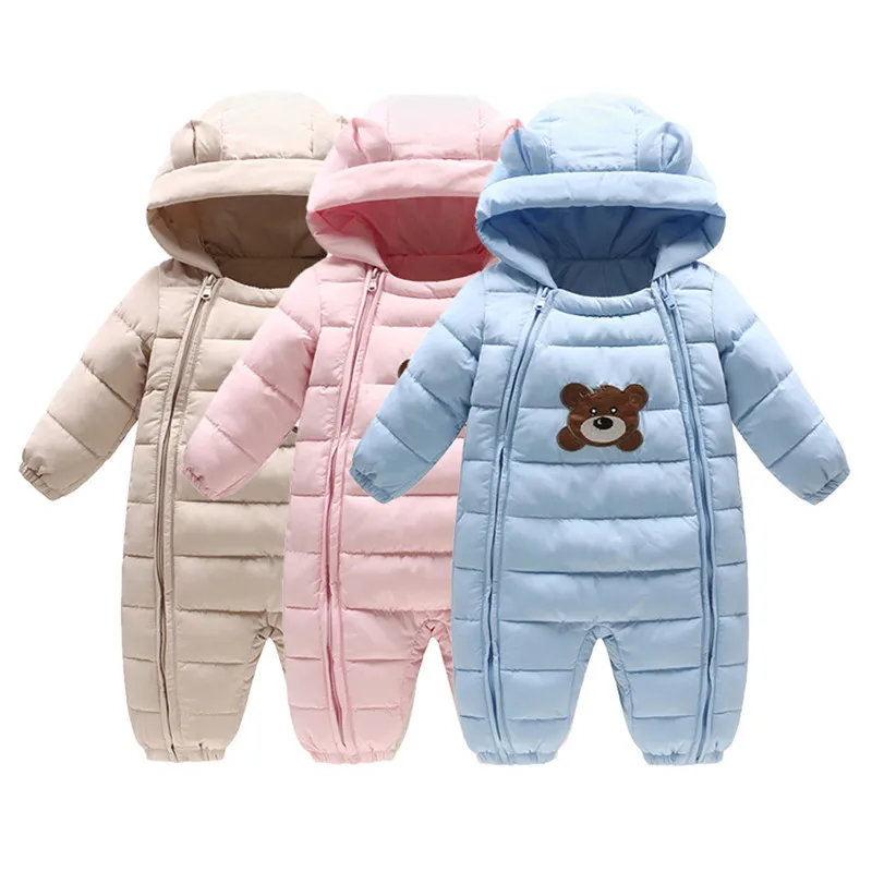 Зимний Детский комбинезон из хлопка с медведем цельный капюшоном для