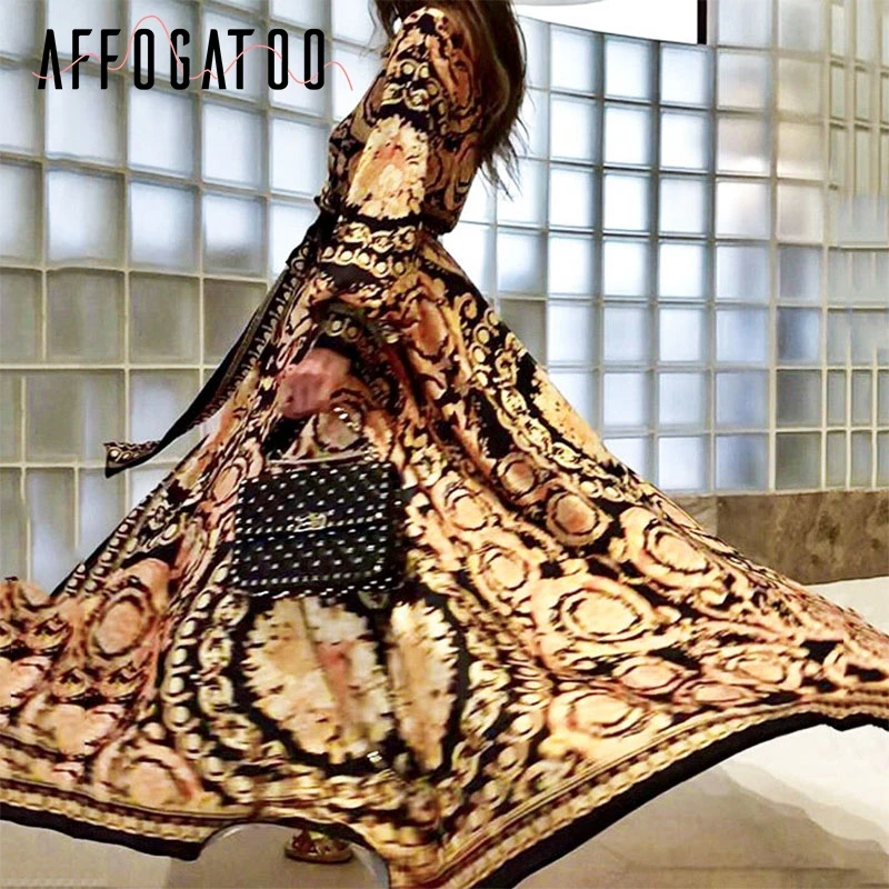 Affogatoo Vintage print gold summer long dress 2019 Elegant sleeve women V neck loose sexy party robe femme | Женская одежда