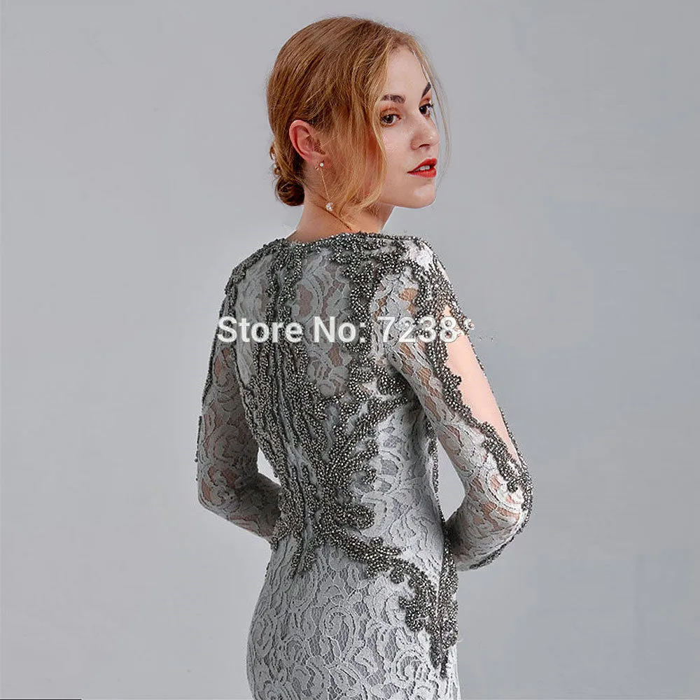 Серый в году мать платье-Русалка для невесты v-образным вырезом с длинным рукавом кружева бисером длинное свадебное платье Мать платье для свадьбы