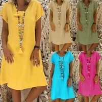 summer linen dress women easy style 5 color cotton loose casual plus size 5xl ladies solid boho beach dress