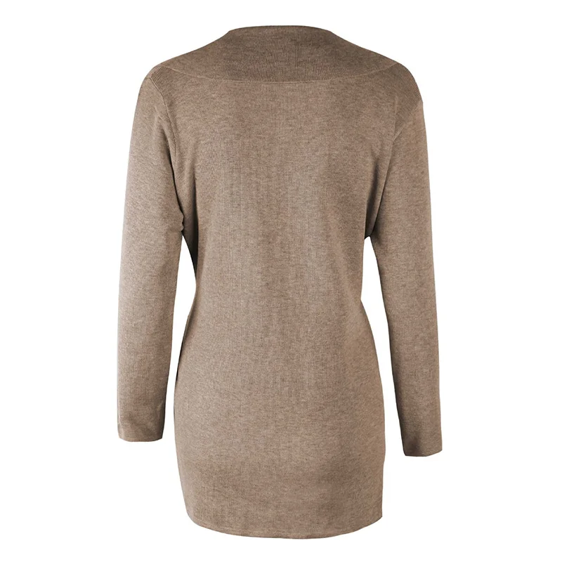 Женское трикотажное пальто с поясом однотонное повседневное длинным рукавом и