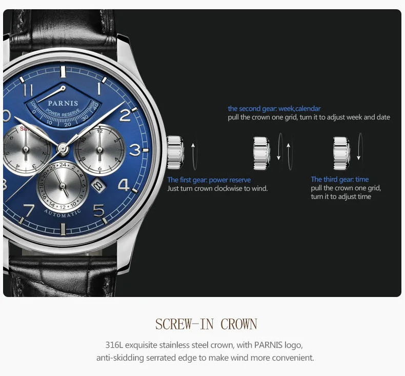 Parnis 42 мм автоматические часы Moon Phase Запас хода Часы мужские роскошные брендовые Топ Miyota механические моталки часы
