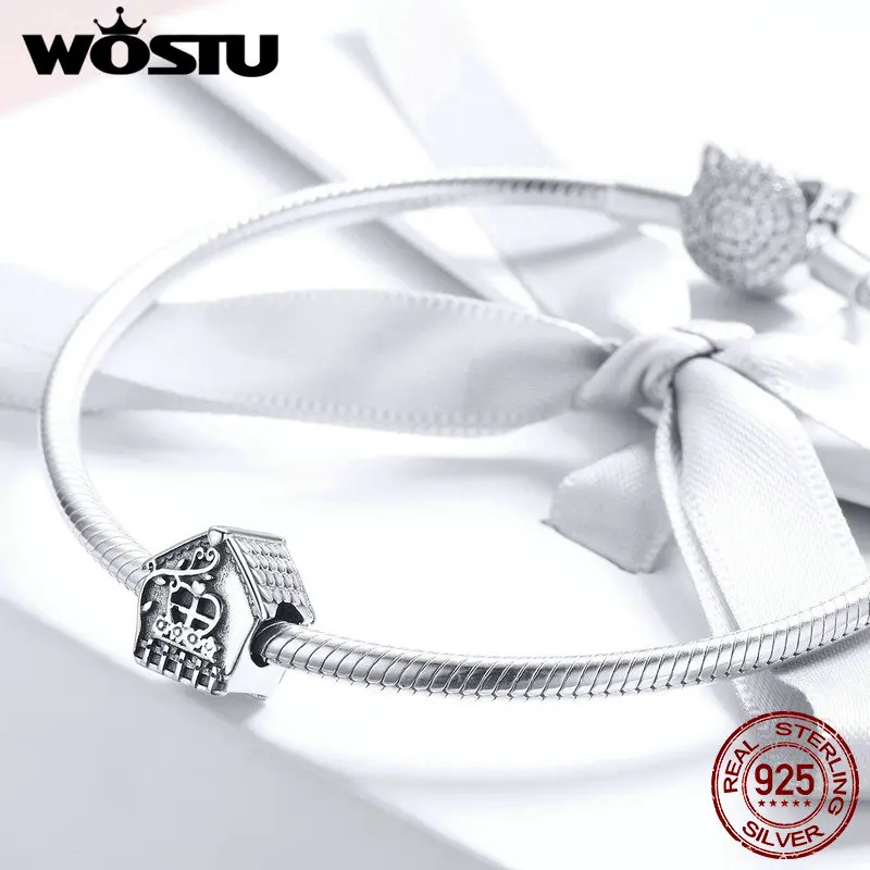 WOSTU, настоящее 925 пробы, серебряный милый домик, бусины, шарм, подходит для женщин, браслет, кулон, сделай сам, ювелирное изделие, подарок CQC889