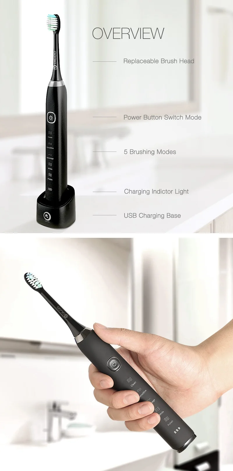 Digoo DG-YS11, 5 режимов щеток, эссенция, Соник, электрическая Беспроводная USB перезаряжаемая зубная щетка, IPX7, водонепроницаемая с 2 головками зубной щетки