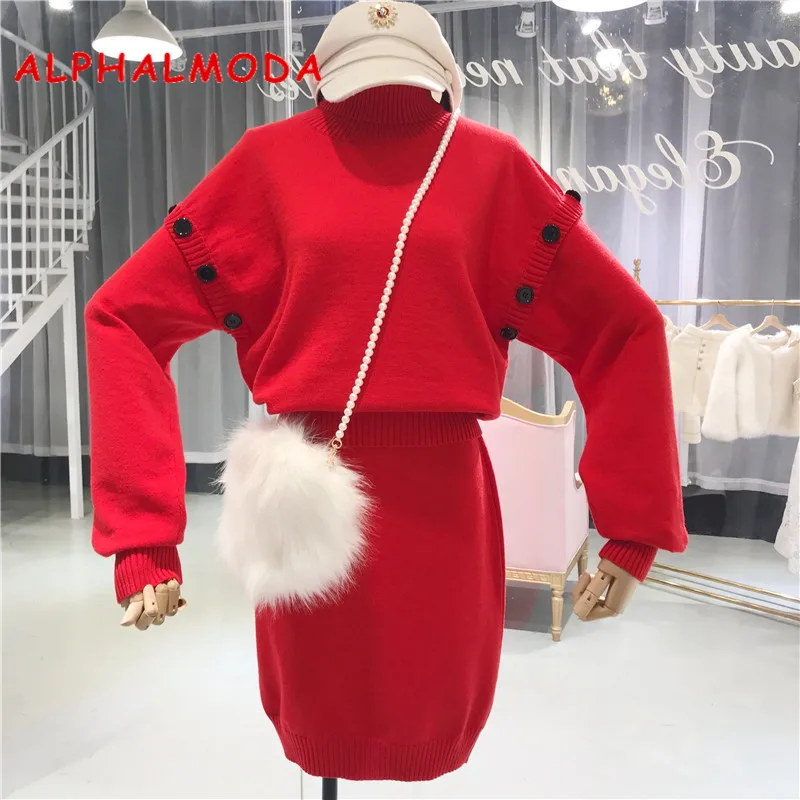 ALPHALMODA свободный свитер с длинными рукавами и воротником стойкой костюмы юбкой