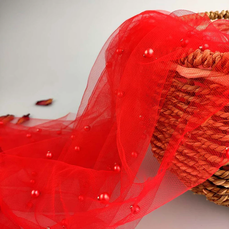 red 1 ярд/Лот, ширина 150 см, Блестящий Жемчуг, тюль, ткань для вечерние, для свадебного платья, вуаль, украшение, сделай сам, ручная работа, жемчуг, сетчатая ткань - Цвет: red