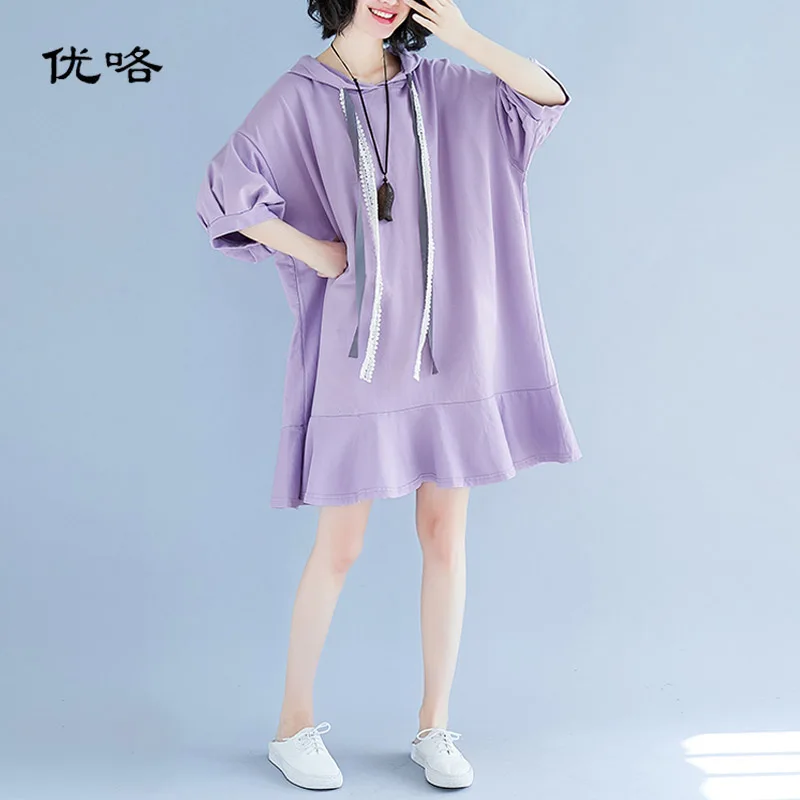 Женское хлопковое платье с капюшоном повседневное свободное миди размера плюс