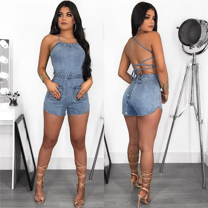 Сексуальный джинсовый комбинезон со шнуровкой и открытой спиной женские