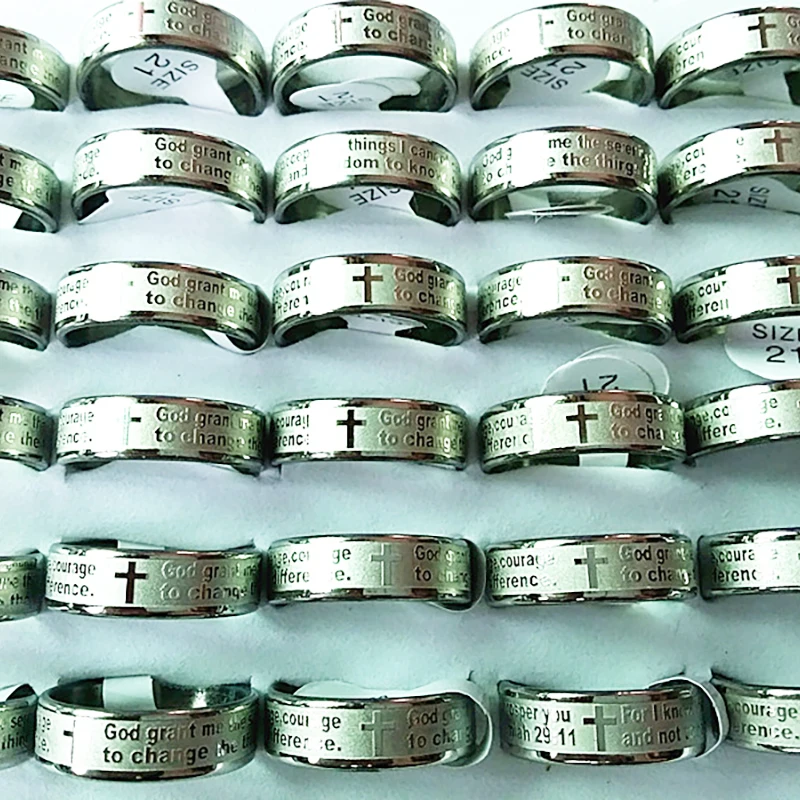 

New 100PCs cross god ring set men women unisex English The Serenity Prayer Stainless Steel Polished Etching Band Rings Wholesale