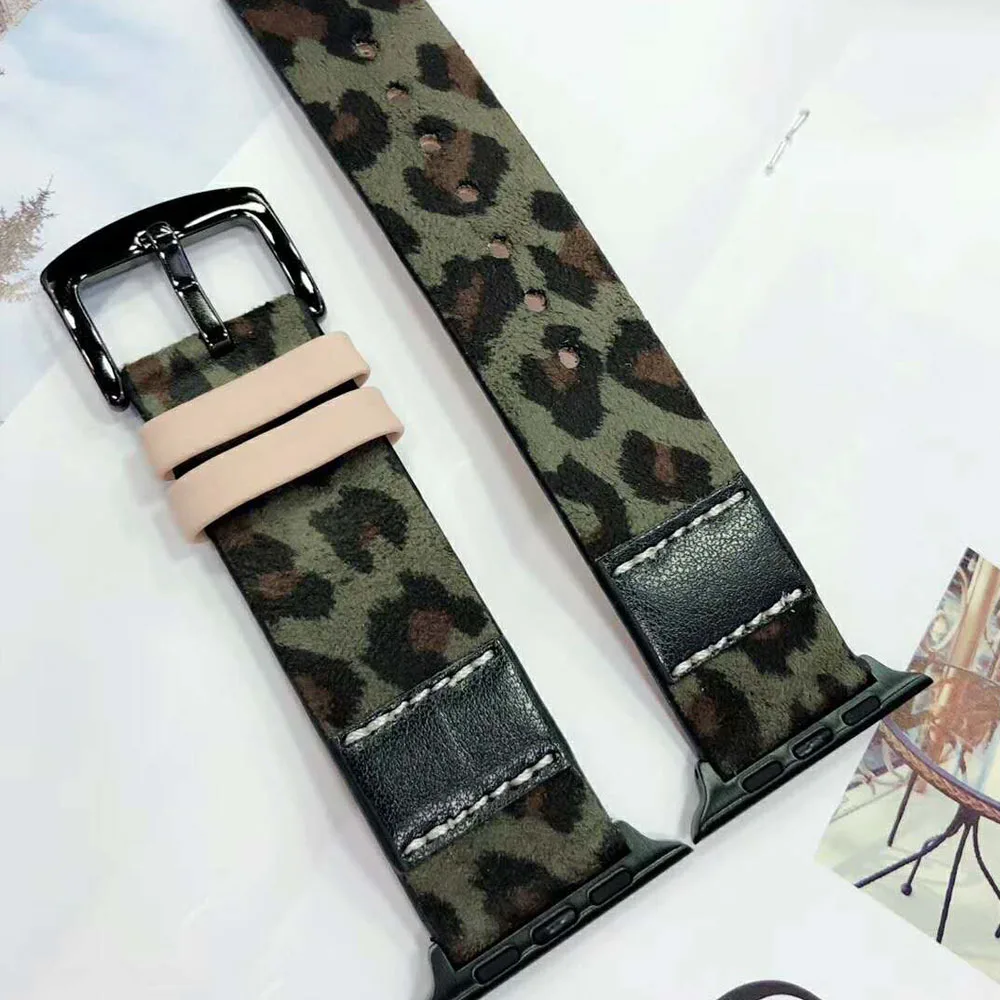 Green Роскошная кожаная с леопардовым принтом ремешок для Apple Watch 5, серия 5, 4, 3, 2, ремешок для часов для мужчин/женщин, браслет 38 мм, 42 мм, 40 мм, 44 мм, ремень - Цвет ремешка: Green