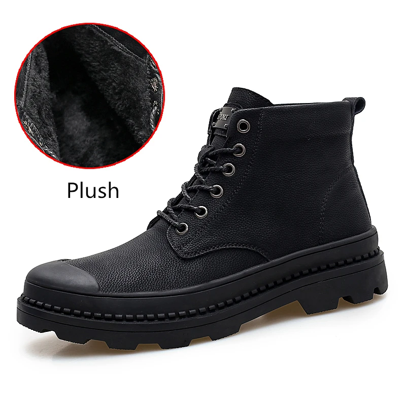 Plush Black Misalwa/большие размеры 6-12; кожаные мужские ботинки в стиле милитари; Стильные Мужские ботинки в британском стиле; зимние плюшевые теплые ботинки - Цвет: Plush Black