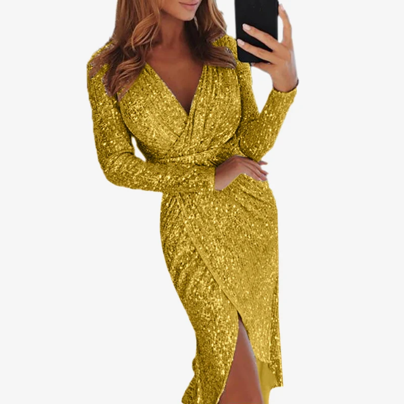 Золотой Sequin Sexy Глубокий V образным вырезом для женщин миди платья для разделение с длинным рукавом повседневное тонкий необычное платье для вечеринки для женщин весн - Цвет: Золотой