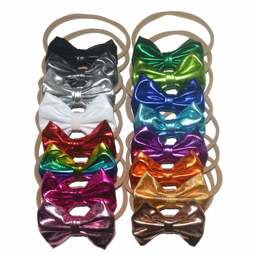 

Повязка на голову с блестками 50 шт./лот, 4 дюйма, бант для волос для девочек с нейлоновой повязкой, аксессуары для волос для новорожденных дев...