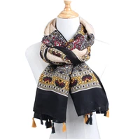 difanninew design fashion tribe blue and white porcelain print cotton scarf shawl women beach ponch with fringes