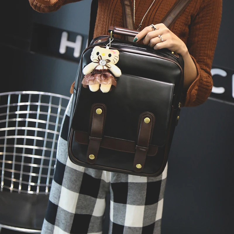 Women Female Brand Back Pack College Style Leather Backpack School Back pack Vintage Student Schoolbag Retro Rucksack Square