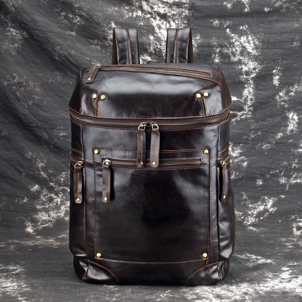 

Men Oil Wax Cowhide Backpack Daypack Large Capacity Student Book Bag Travel Knapsack High Quality Genuine Leather Rucksack