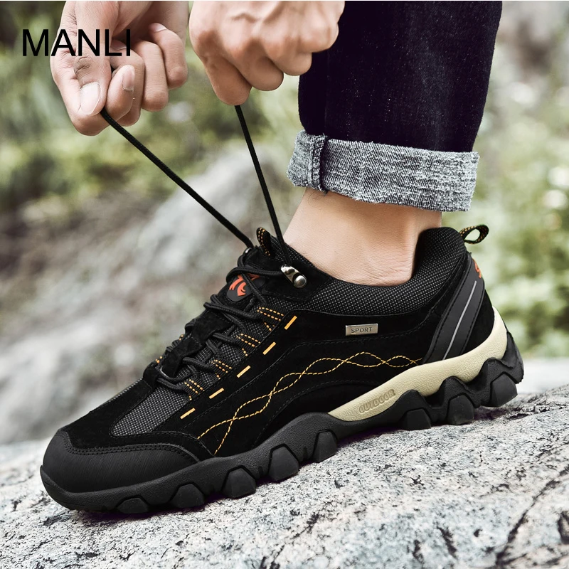 MANLI New Outdoor Leather Hiking Shoes For Men Shock Absorption Anti-skid Wear-resistant Camping Walking Trekking Sneaker | Спорт и