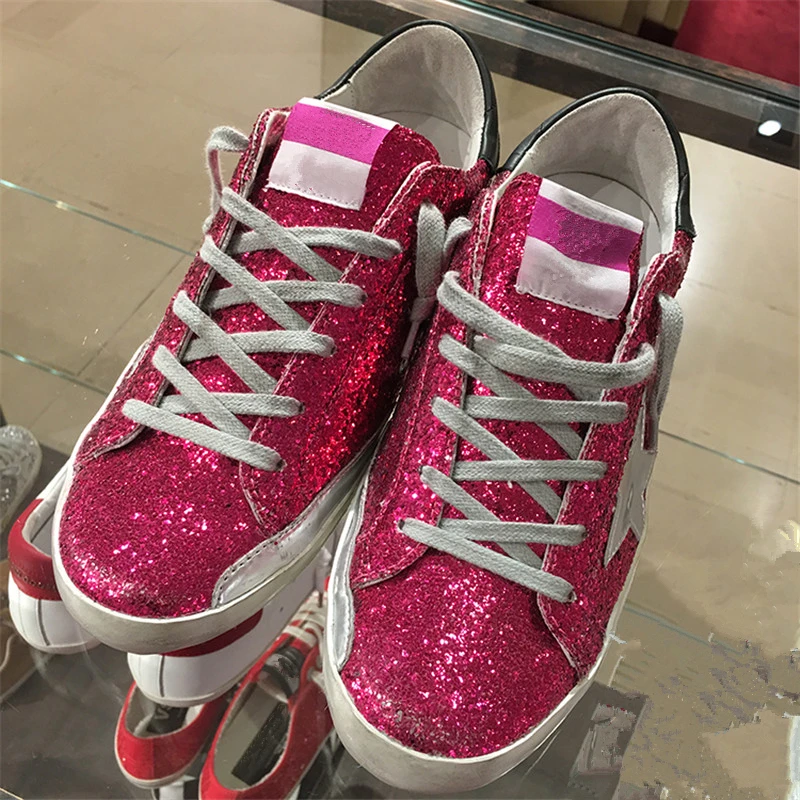 New Women Casual Shoes Glitter Leather Do Old Dirty Mixed Color Sequins Star trainers Sneakers Zapatos de Mujer 2018 | Обувь