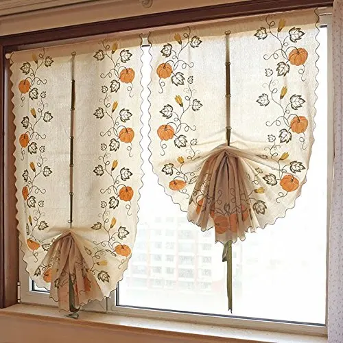 Pumpkin Embroidery Kitchen Curtains 100% Cotton Linen For Living Room Set Adjustable Balloon Window Curtain Bedroom | Дом и сад