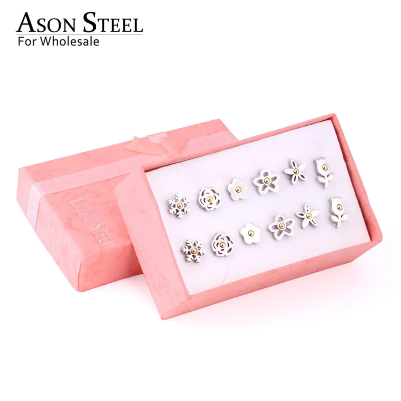 ASONSTEEL набор сережек 6 пар/кор. из нержавеющей стали серебряный цвет цветок с