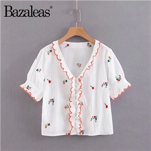 Y51 embroidery Bazaleas винтажные хлопковые блузки с цветочной вышивкой, французские оборки, пуговицы в центре, Блуза женская, шикарная блузка, Прямая поставка - Цвет: Y51 embroidery